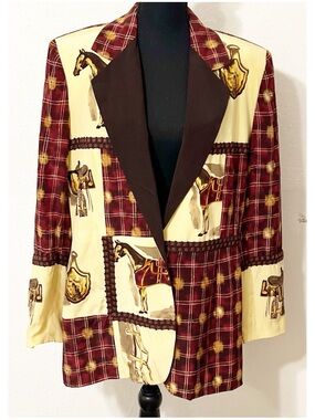 Jenna Vintage-Inspired Burgundy & Cream Equestrian Print 💯 Silk Blazer Cowgirl